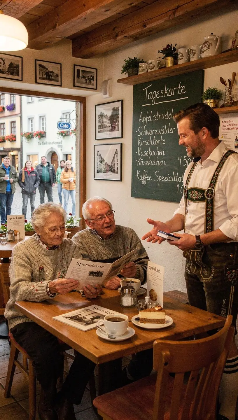 Touristen erkunden eine belebte Fußgängerzone, während sie lokale Spezialitäten probieren.